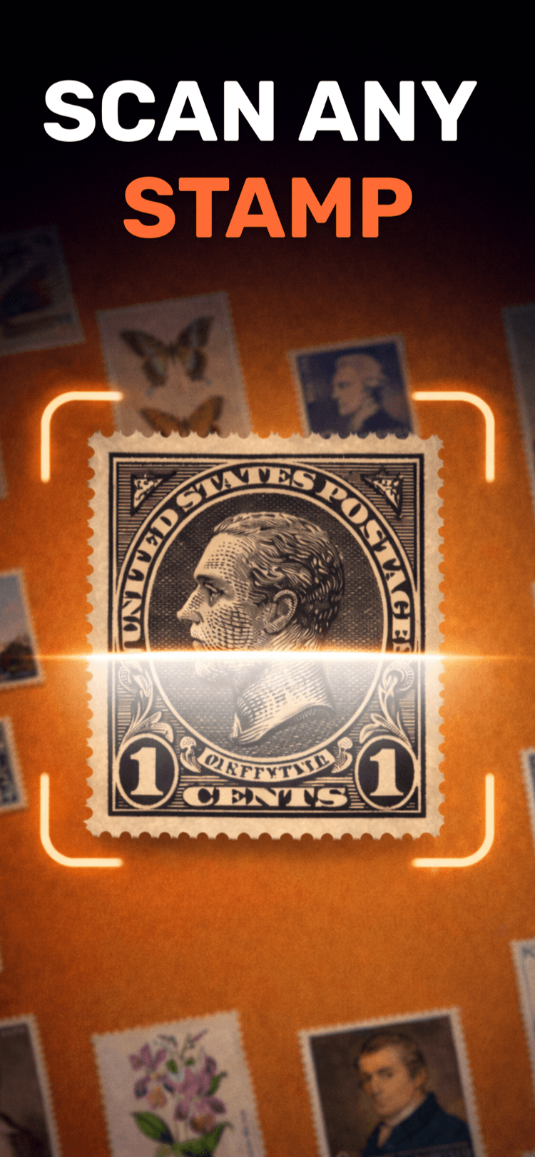 App Store screenshot showing StampSnap scanning a one cent United States stamp