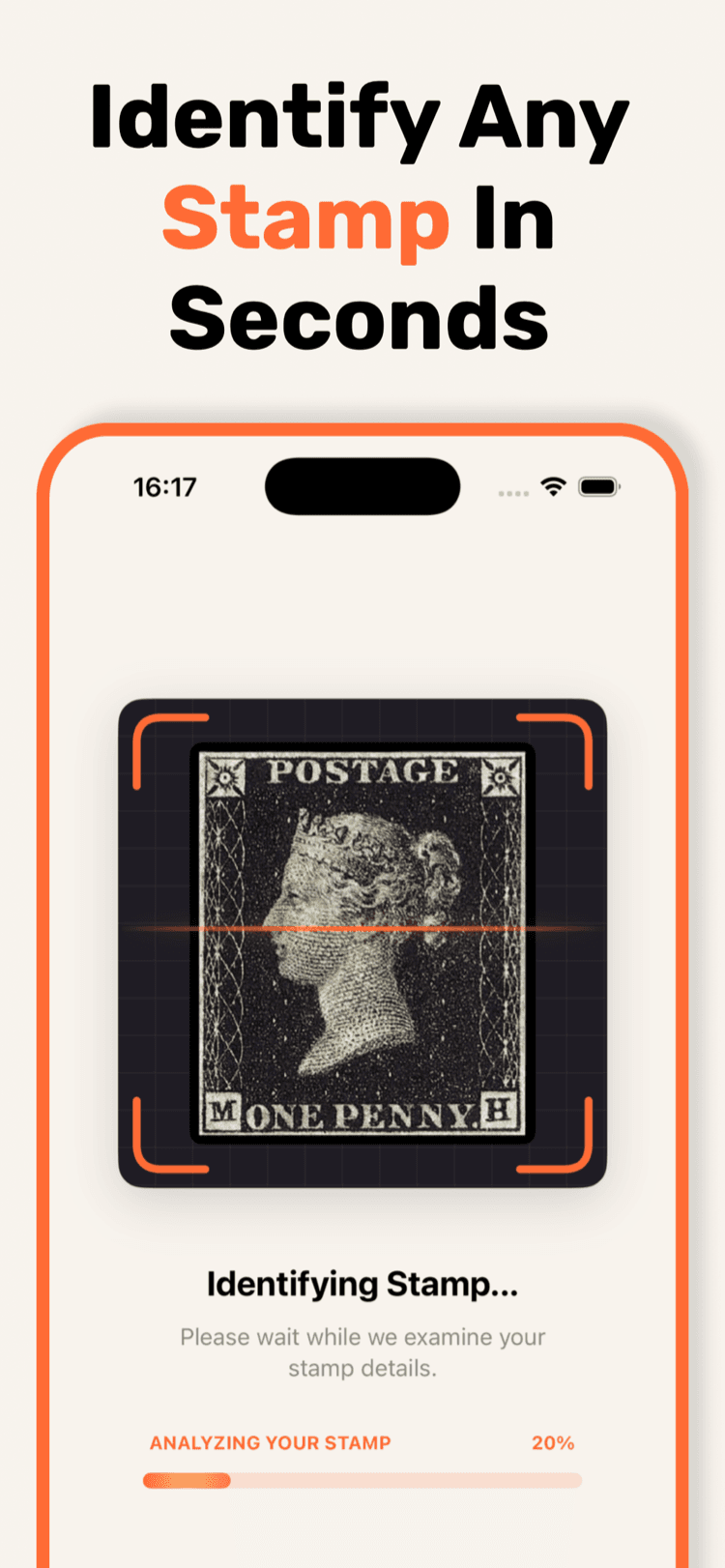 App Store screenshot showing StampSnap identifying a Penny Black