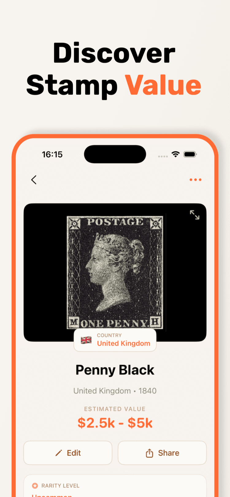 Current App Store screenshot showing a StampSnap identification result and value estimate
