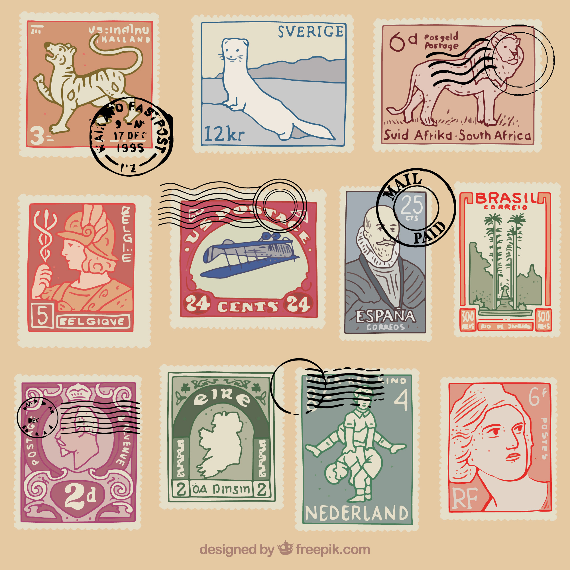 Collection of vintage stamps that can be identified with the StampSnap app