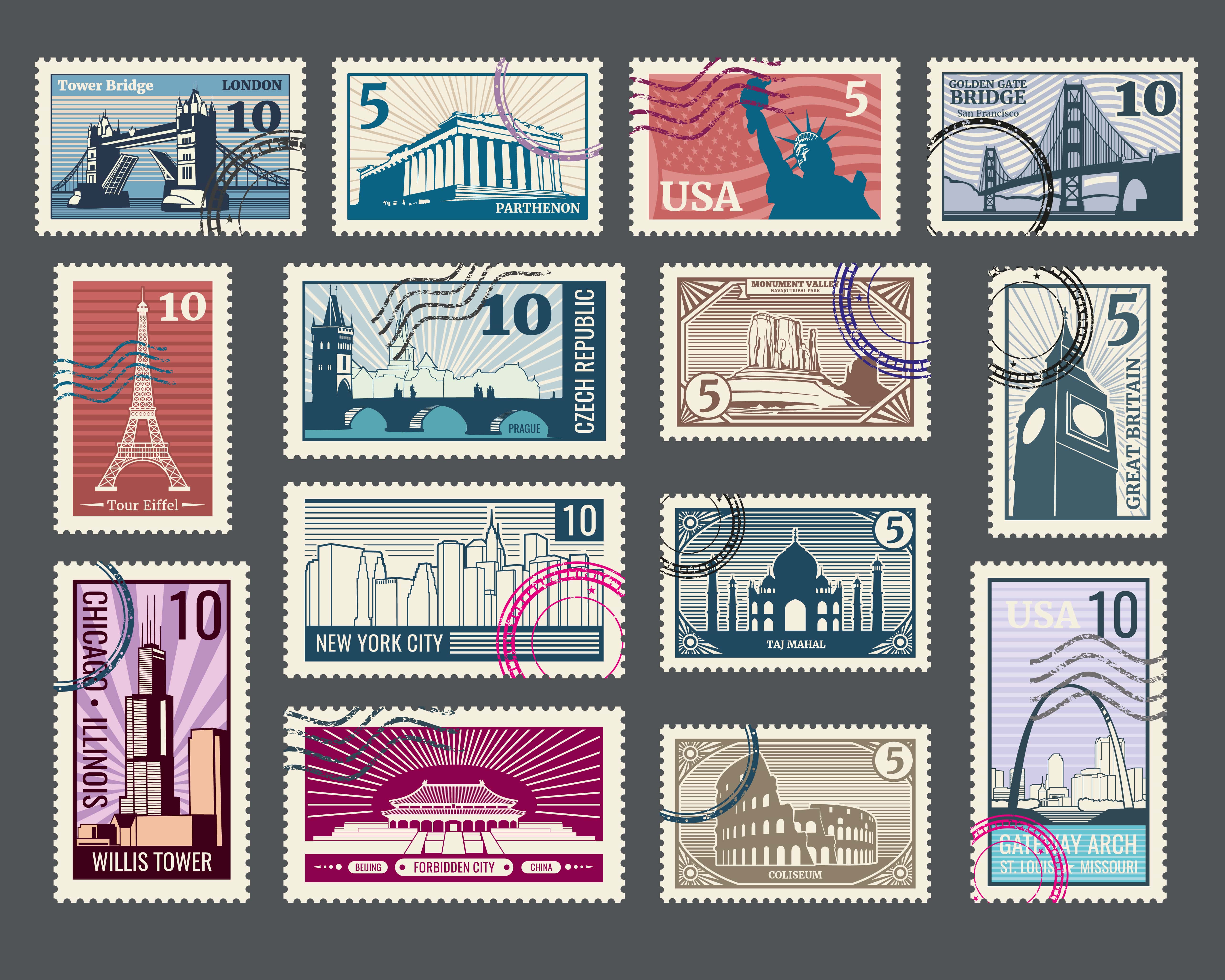 Stamp scanning feature demonstration showing various collectible stamps